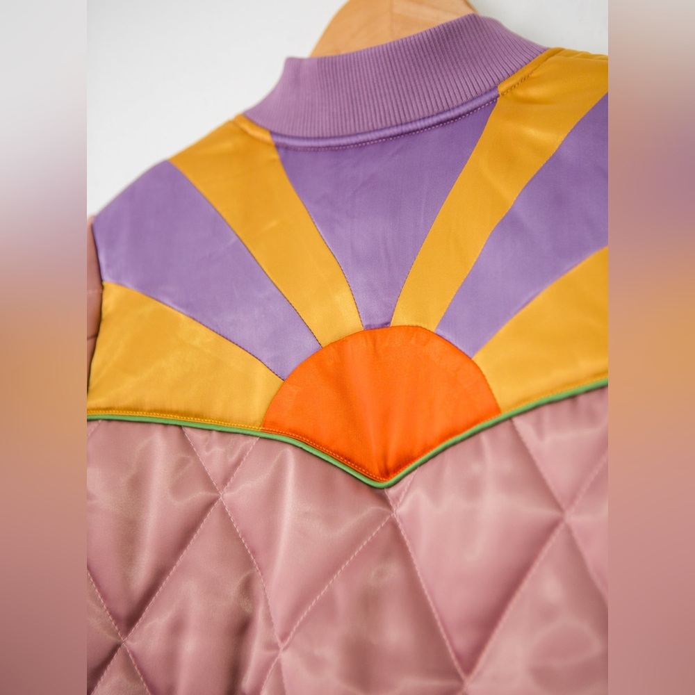 New Classic Rock Couture Satin Dusty Rose Rising Sun Bomber Jacket, Sz L - Picture 6 of 10